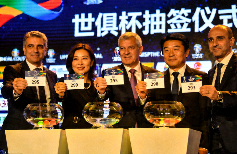 世俱杯抽签仪式现场，代表们展示分组结果